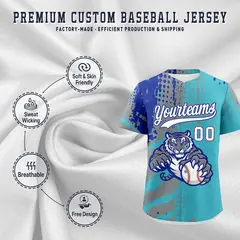 Sky Blue Gray Royal Blue Full-Snap Tiger Graffiti Baseball Jersey 3