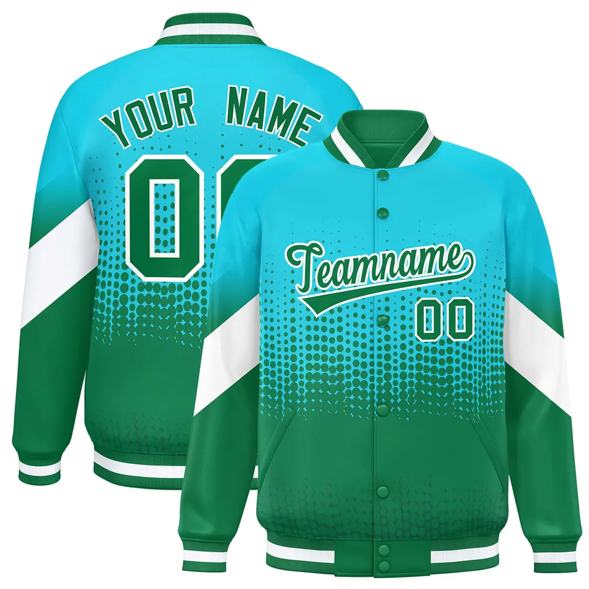 Sky Blue Kelly Green Gradient Polka Dot Varsity Full-Snap Letterman Baseball Jacket