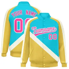 Sky Blue Khaki Raglan Varsity Full-Snap Letterman Baseball Jacket 1