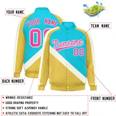 Sky Blue Khaki Raglan Varsity Full-Snap Letterman Baseball Jacket 2
