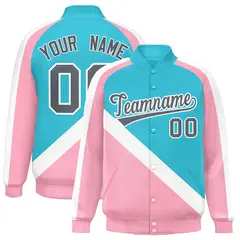 Sky Blue Light Pink Raglan Full-Snap Letterman Baseball Jacket 1