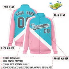 Sky Blue Light Pink Raglan Full-Snap Letterman Baseball Jacket 2