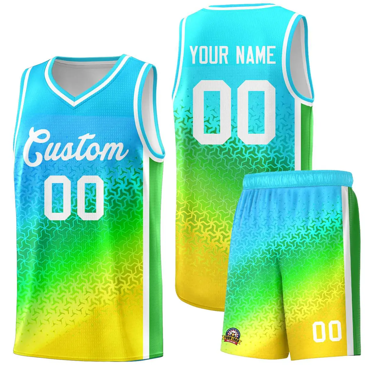 Sky Blue Light Purple-Gold Gradient Irregular Shapes Basketball Jersey