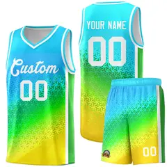 Sky Blue Light Purple-Gold Gradient Irregular Shapes Basketball Jersey