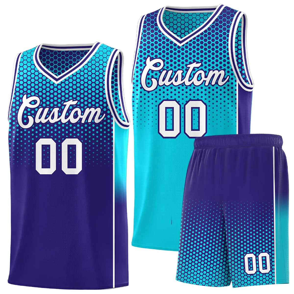 Sky Blue Navy Dot Pattern Side Gradient Reversible Basketball Jersey Kits
