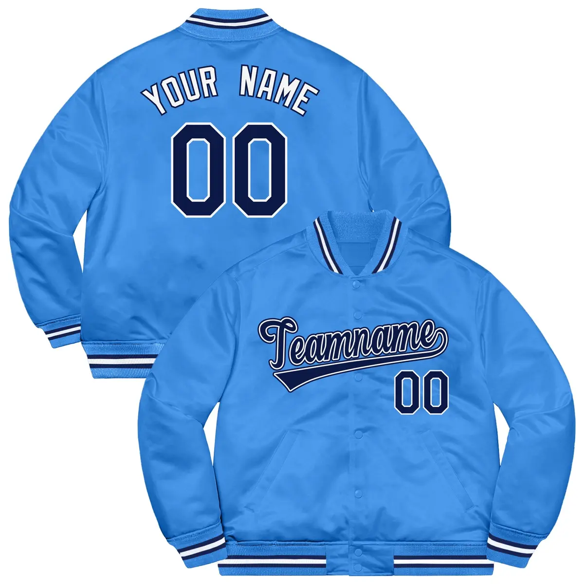 Sky Blue Navy-White Soldier Full-Snap Varsity Letterman Jacket