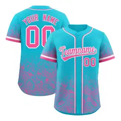 Sky Blue Pink Floral Gradient Full Button Baseball Jersey 1