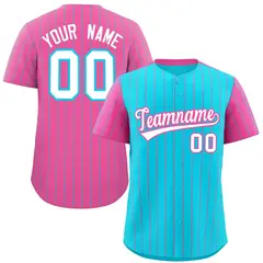 Sky Blue Pink Pinstripe Raglan Sleeves Baseball Jersey 1