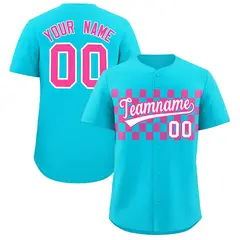 Sky Blue Pink Plaid Fashion Authentic Baseball Jersey 1