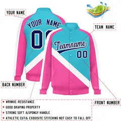 Sky Blue Pink Raglan Full-Snap Letterman Baseball Jacket 2