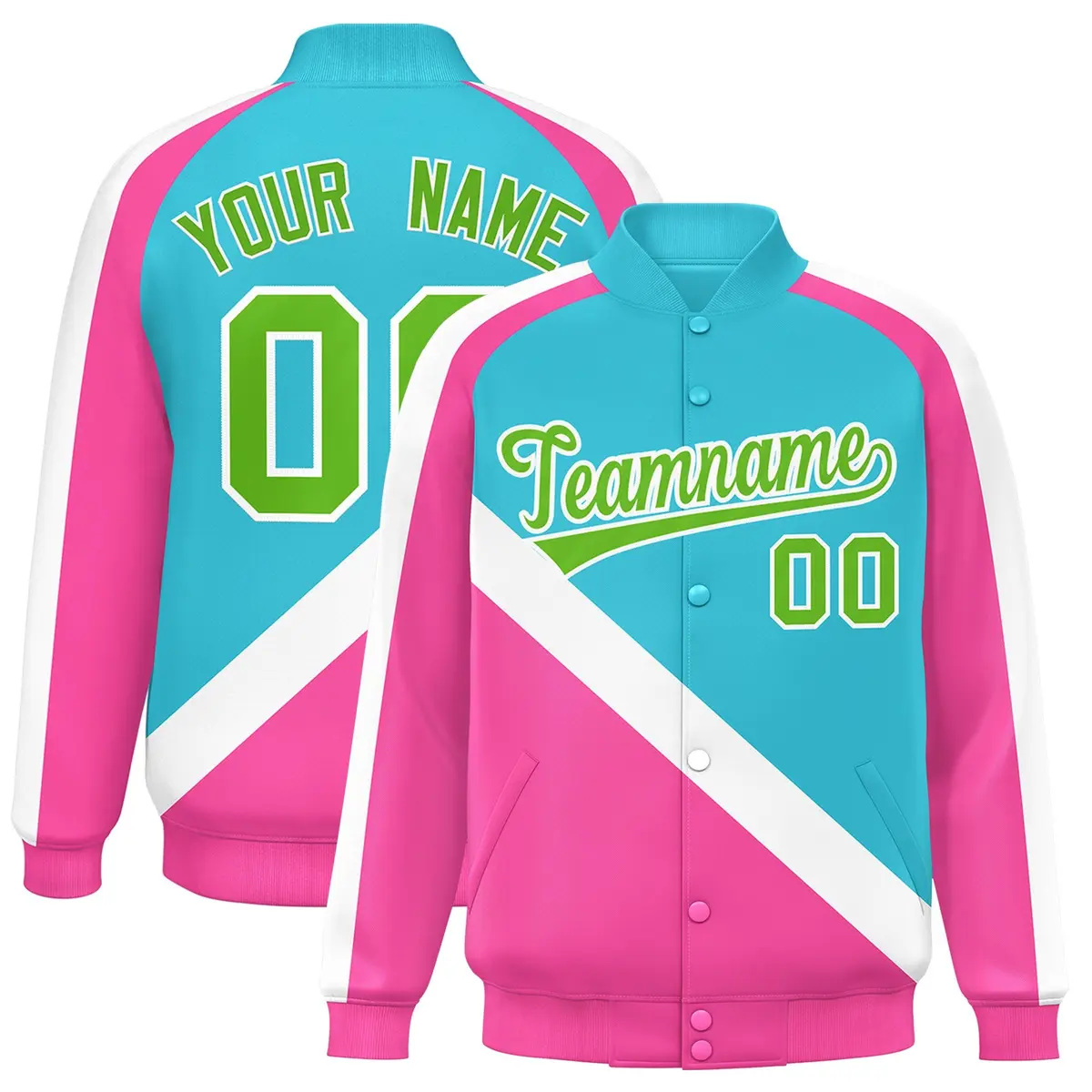 Sky Blue Pink Raglan Full-Snap Letterman Baseball Jacket