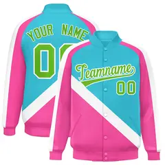 Sky Blue Pink Raglan Full-Snap Letterman Baseball Jacket 1