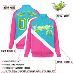 Sky Blue Pink Raglan Full-Snap Letterman Baseball Jacket 2