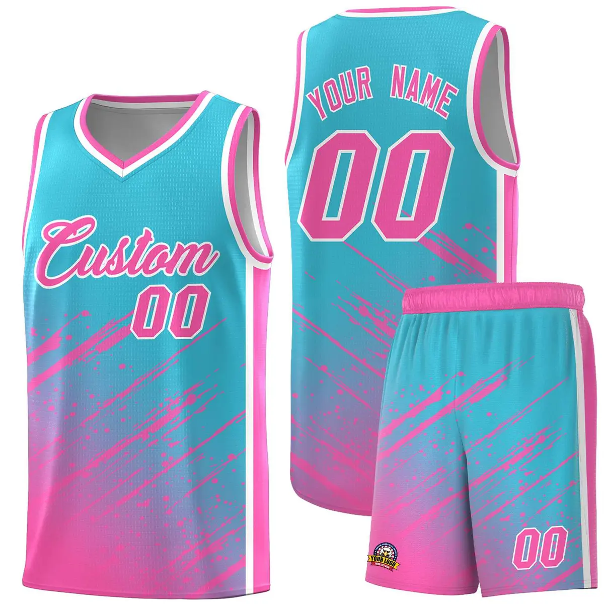 Sky Blue Pink Splash Basketball Uniforms for Training