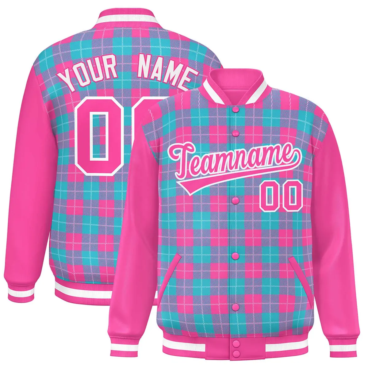Sky Blue Pink-White Plaid Varsity Letterman Baseball Jacket
