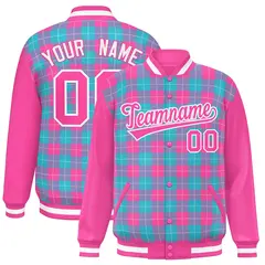 Sky Blue Pink-White Plaid Varsity Letterman Baseball Jacket 1