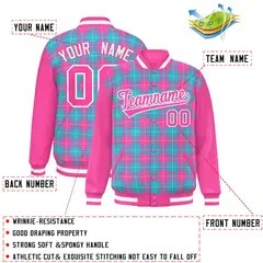 Sky Blue Pink-White Plaid Varsity Letterman Baseball Jacket 2
