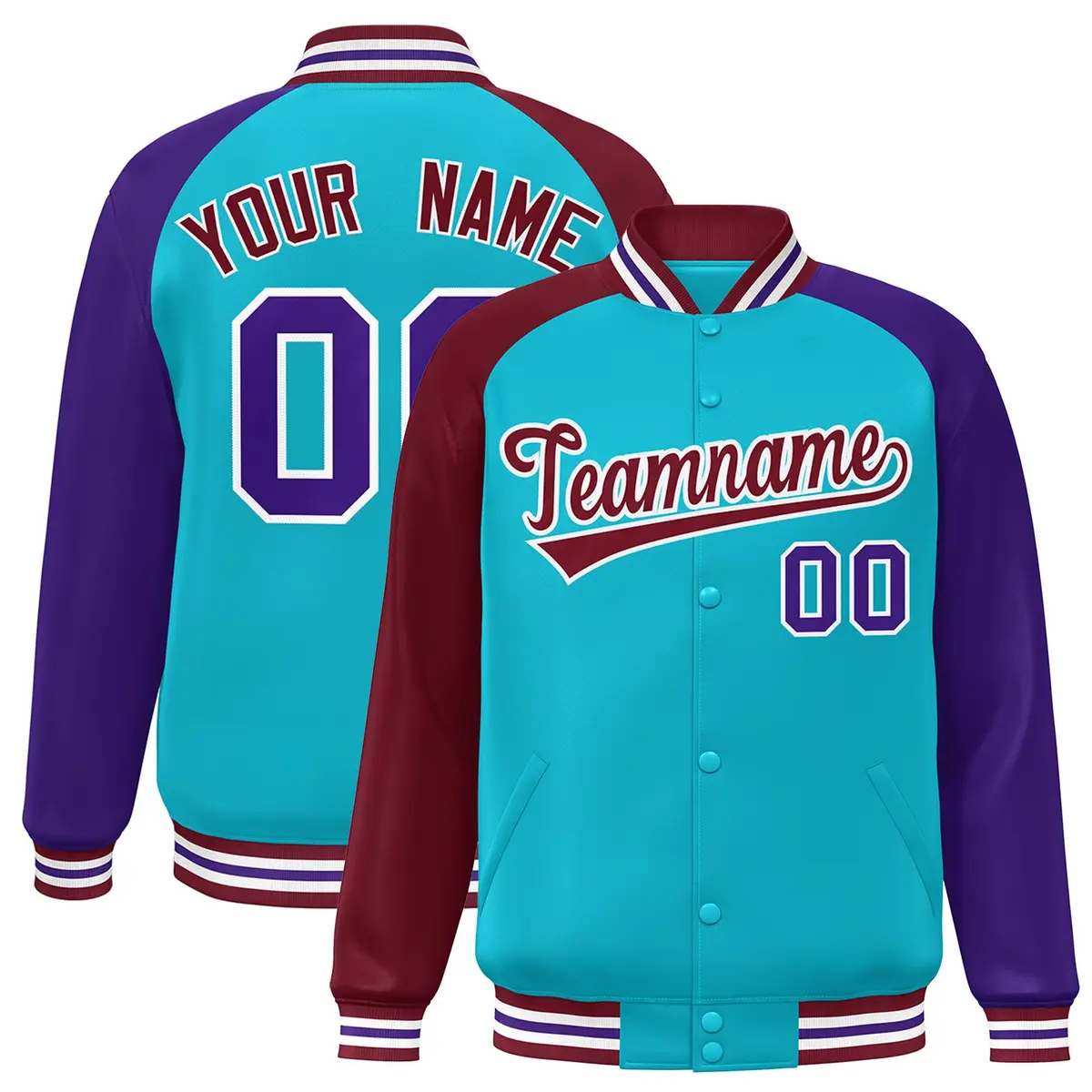 Sky Blue Purple-Crimson Varsity Raglan Letterman Bomber Jacket