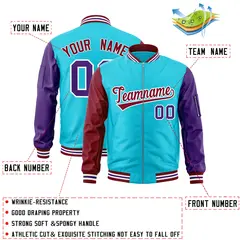 Sky Blue Purple-Crimson Varsity Raglan Letterman Bomber Jacket 2