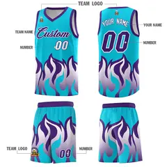 Sky Blue Purple Flame Pattern Sports Basketball Jersey 5