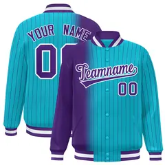 Sky Blue Purple Gradient Pinstripe Varsity Full-Snap Baseball Jacket