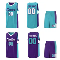 Sky Blue Purple U-shaped Side Pattern Double Side Basketball Jersey 2