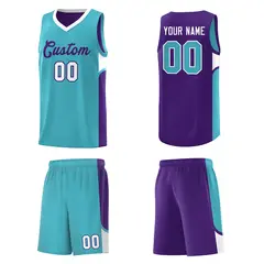 Sky Blue Purple U-shaped Side Pattern Double Side Basketball Jersey 5