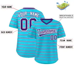 Sky Blue Purple-White Horizontal Stripe Pullover Baseball Jersey 2