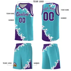 Sky Blue Purple-White Sparkle Print Basketball Kits 5