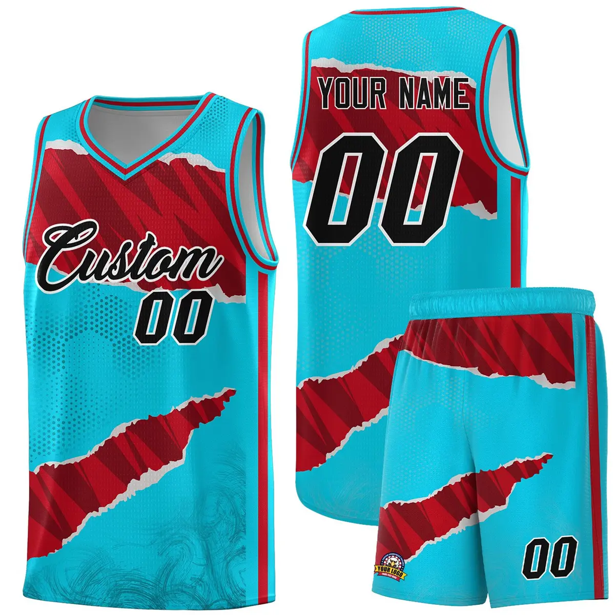 Sky Blue Red-Black Tear Graffiti Basketball Jersey