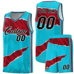 Sky Blue Red-Black Tear Graffiti Basketball Jersey