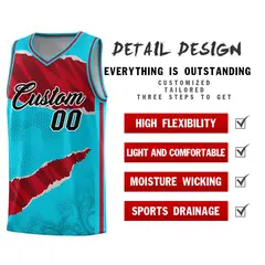 Sky Blue Red-Black Tear Graffiti Basketball Jersey 2