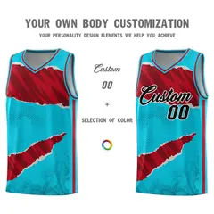 Sky Blue Red-Black Tear Graffiti Basketball Jersey 3
