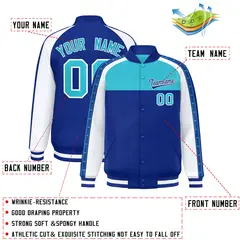 Sky Blue Royal K-Ribbon Raglan Full-Snap Color Block Letterman Jacket 2