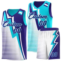 Sky Blue Royal White Gradient Lightning Stripe Reversible Basketball Jersey
