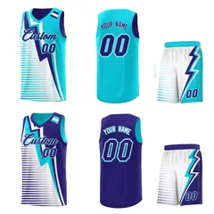Sky Blue Royal White Gradient Lightning Stripe Reversible Basketball Jersey 2