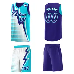Sky Blue Royal White Gradient Lightning Stripe Reversible Basketball Jersey 5