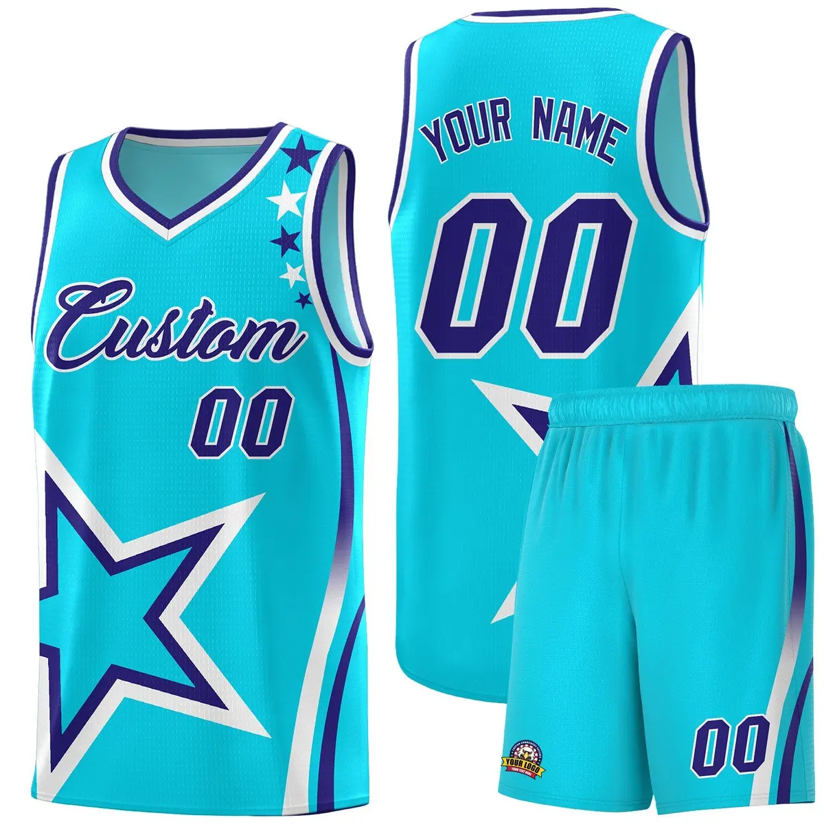 Sky Blue Shoulder Stars Graffiti Basketball Jersey Set