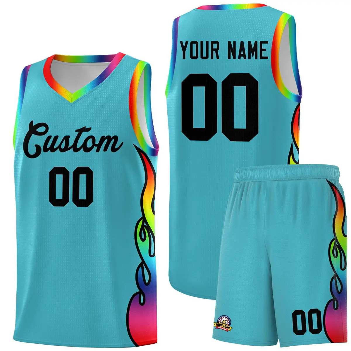 Sky Blue Side Flame Sports Basketball Jersey