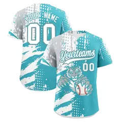 Sky Blue Silver White Full-Snap Tiger Graffiti Baseball Jersey