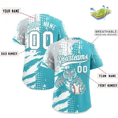 Sky Blue Silver White Full-Snap Tiger Graffiti Baseball Jersey 2