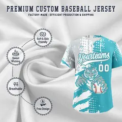 Sky Blue Silver White Full-Snap Tiger Graffiti Baseball Jersey 3
