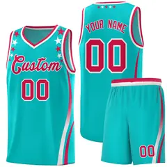 Sky Blue Star Pattern Color Block Shoulders Basketball Jersey