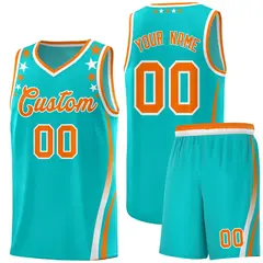 Sky Blue Star Pattern Color Block Shoulders Basketball Jersey 1