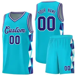 Sky Blue Violet-White Triangle Splicing Basketball Jersey 1