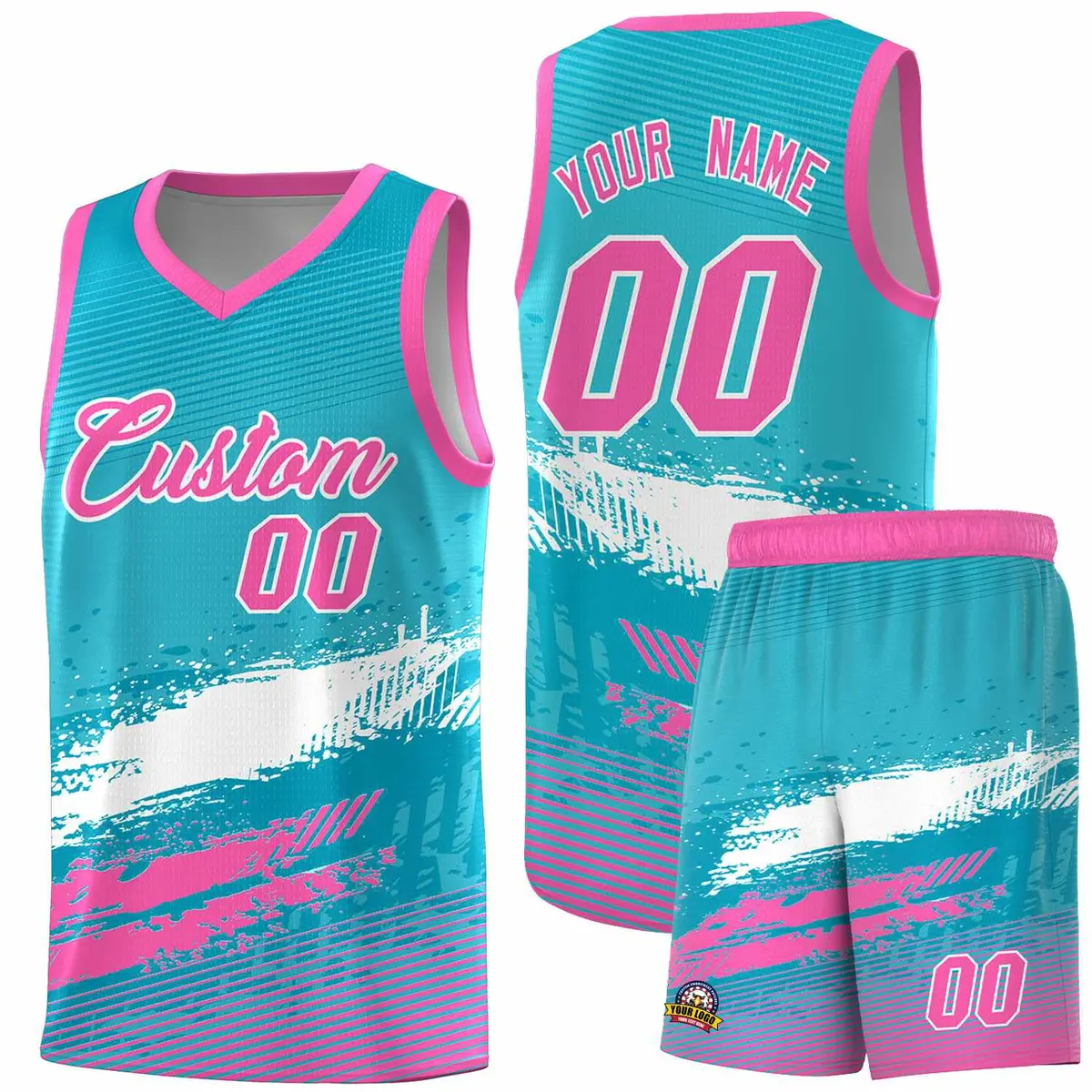 Sky Blue White and Pink Graffiti Basketball Jersey