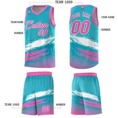 Sky Blue White and Pink Graffiti Basketball Jersey 5