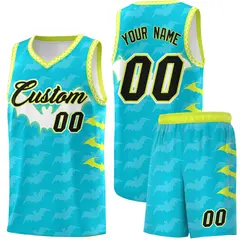 Sky Blue White Bat Pattern Halloween Basketball Jersey 1