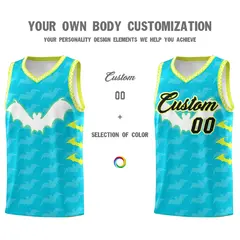 Sky Blue White Bat Pattern Halloween Basketball Jersey 3
