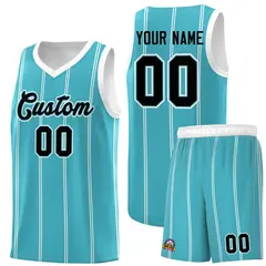 Sky Blue White Black Vertical Stripes Basketball Jersey Set